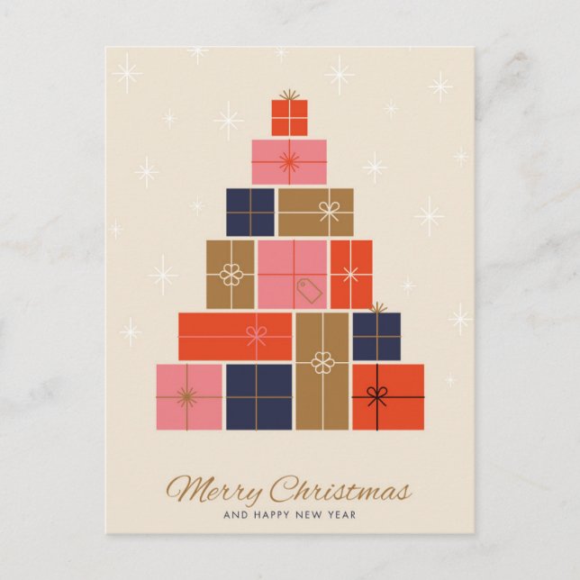 Cartes Pour Fêtes Annuelles Sapin de Noël en Pile de Cadeaux (Devant)