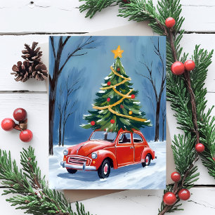 Cartes Pour Fêtes Annuelles Sapin de Noël en voiture rouge antique