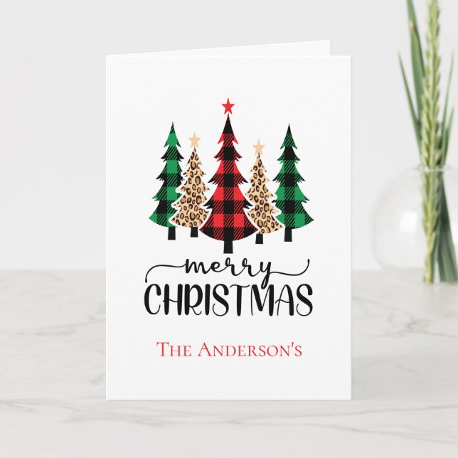 Cartes Pour Fêtes Annuelles Sapins de Noël Rouge Vert Noir Plaid Bison  (Devant)