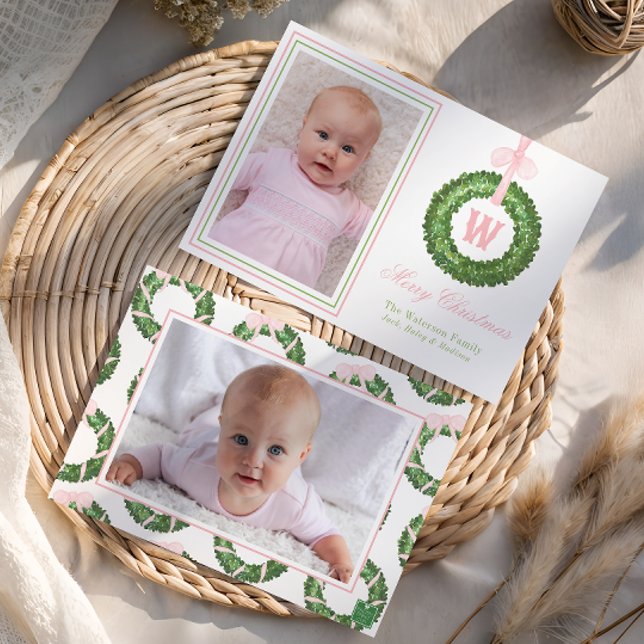 Cartes Pour Fêtes Annuelles Sash rose Bow Noël Monogramme Wreath (Créateur téléchargé)