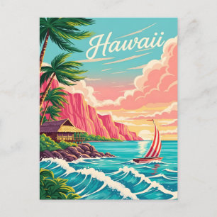 Cartes Pour Fêtes Annuelles Scène côtière hawaïenne animée avec des palmiers