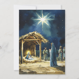 Cartes Pour Fêtes Annuelles Scène de la Nativité à l'aquarelle   Intérieur vie