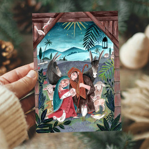 Cartes Pour Fêtes Annuelles Scène de la nativité religieuse bleue, rouge Mary 