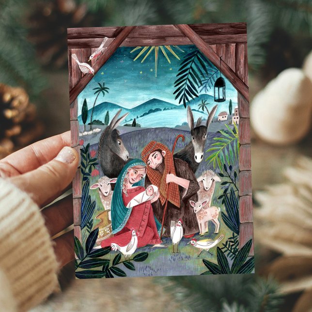 Cartes Pour Fêtes Annuelles Scène de la nativité religieuse bleue, rouge Mary  (Religious nativity scene Christmas Holiday Card)