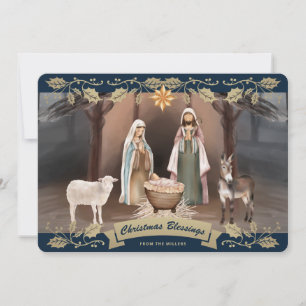 Cartes Pour Fêtes Annuelles Scène de Noël bleue élégante Crèche Chrétienne