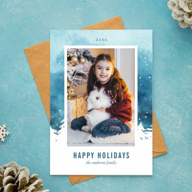 Cartes Pour Fêtes Annuelles Scène de Noël hivernale à l'aquarelle Photo (Créateur téléchargé)