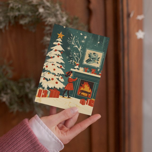 Cartes Pour Fêtes Annuelles Scène de Noël rétro foyer enfant (Créateur téléchargé)