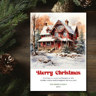 Cartes Pour Fêtes Annuelles Scène de Noël rustique chaleureuse aquarelle vinta