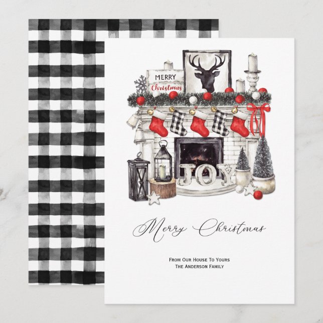 Cartes Pour Fêtes Annuelles Scène de Noël rustique cosy cheminée Bas (Devant / Derrière)