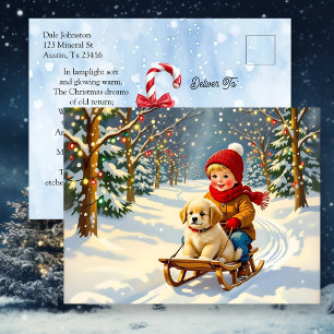 Cartes Pour Fêtes Annuelles Scène de Noël vintage, garçon sur un traîneau avec