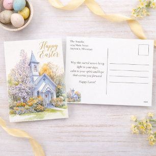 Cartes Pour Fêtes Annuelles Scène d'église aux fleurs printanières Joyeuses Pâ