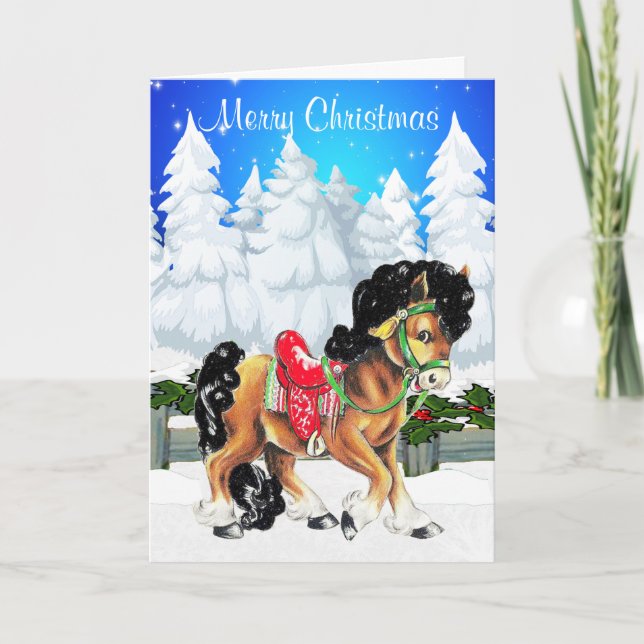 Cartes Pour Fêtes Annuelles Scène D'Hiver Avec Cheval Et clôture Joyeux Noël (Devant)