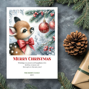 Cartes Pour Fêtes Annuelles Scène d'hiver personnalisée de bébé cerf aquarelle