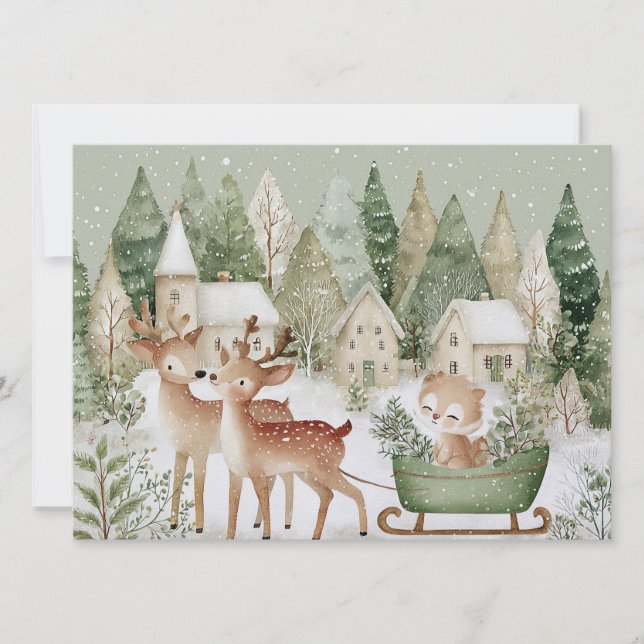 Cartes Pour Fêtes Annuelles Scène hivernale charmante avec des animaux Joyeux  (Devant)