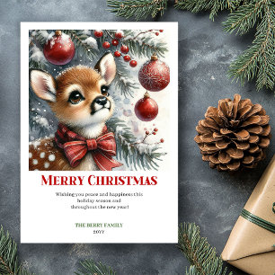 Cartes Pour Fêtes Annuelles Scène hivernale festive de bébé faon à l'aquarelle