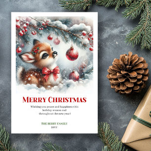 Cartes Pour Fêtes Annuelles Scène hivernale festive de faon bébé aquarelle Noë