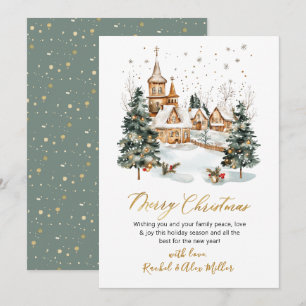 Cartes Pour Fêtes Annuelles Scène hivernale neigeuse Gold Script non photo Noë