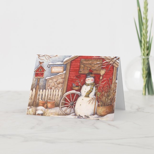 Cartes Pour Fêtes Annuelles Scène hivernale Rustique Snowman (Devant)