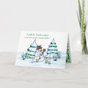 Cartes Pour Fêtes Annuelles Schneemann mit Katze und Hundewelpe auf Deutsch