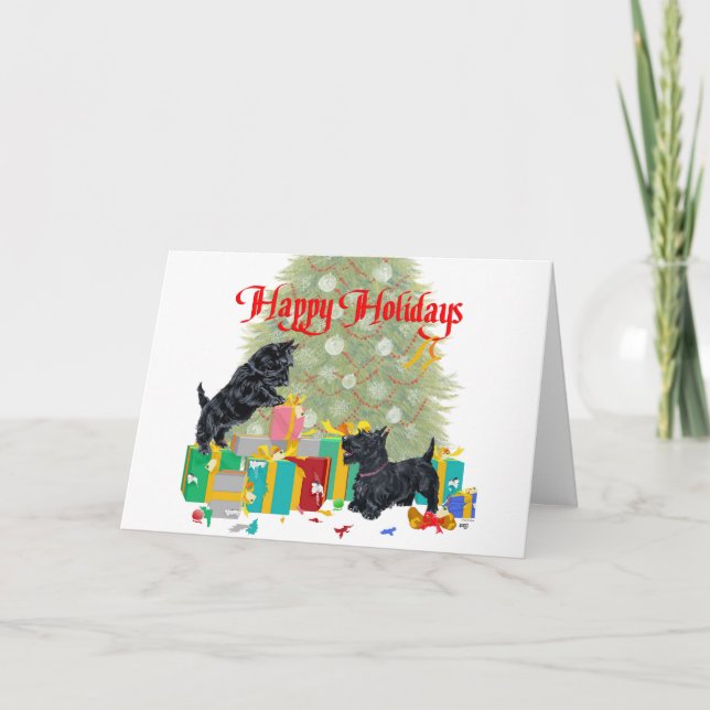 Cartes Pour Fêtes Annuelles Scotties Trier les cadeaux de Noël (Devant)