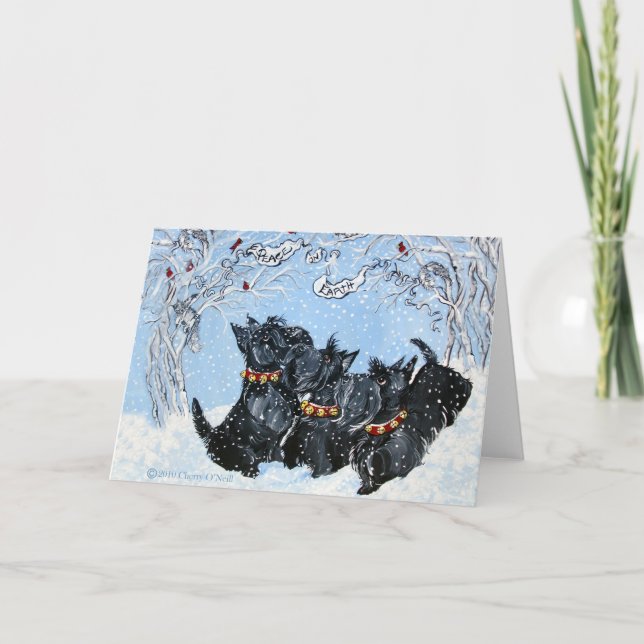Cartes Pour Fêtes Annuelles Scottish Terriers dans la neige! (Devant)