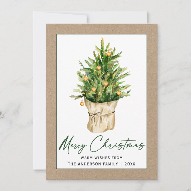 Cartes Pour Fêtes Annuelles Script Calligraphie Encre Kraft Aquarelle Pine Arb (Devant)