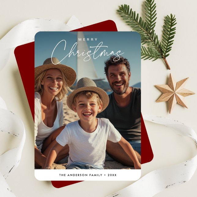Cartes Pour Fêtes Annuelles Script Christmas Beachy Nautical Family Kids Photo (Créateur téléchargé)