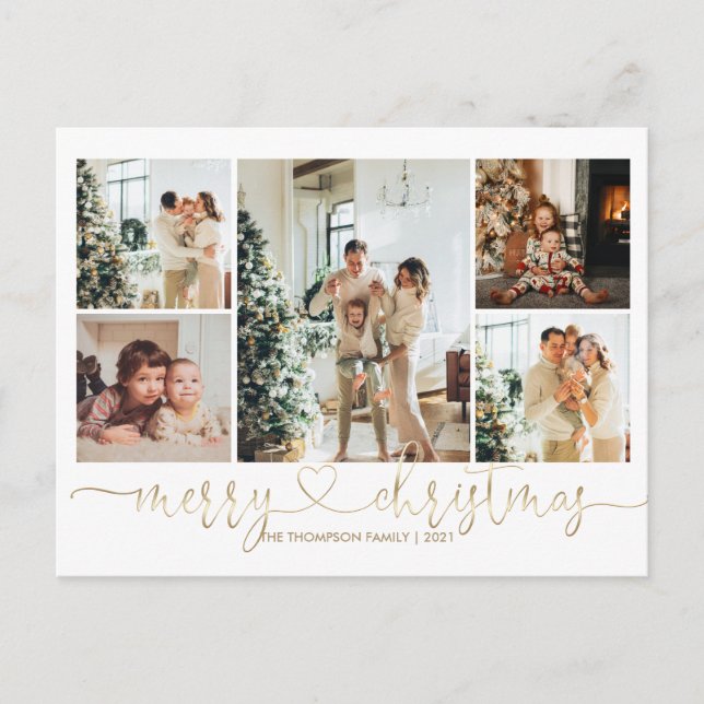 Cartes Pour Fêtes Annuelles Script de coeur Or Joyeux Noël 5 Photo (Devant)