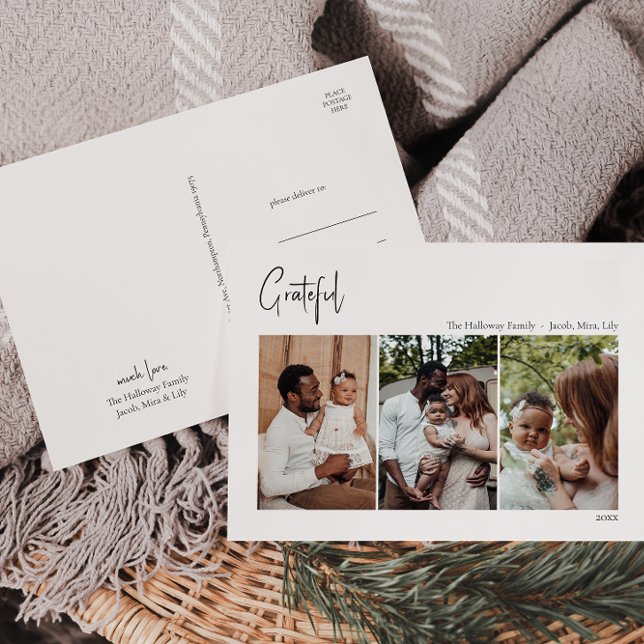 Cartes Pour Fêtes Annuelles Script de Noël moderne Grateful trois photos (Créateur téléchargé)
