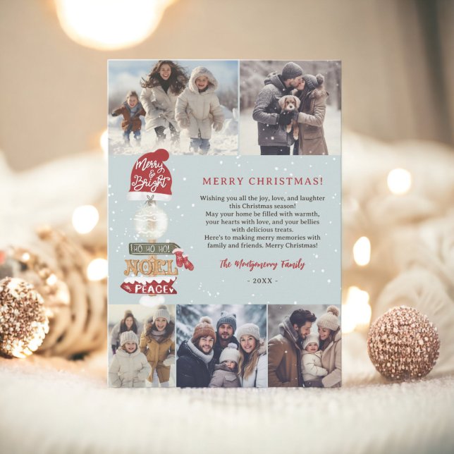 Cartes Pour Fêtes Annuelles Script en bois rustique Noël 5 photos (Rustic wooden sign script Christmas 5 photos Holiday Card on icy blue)