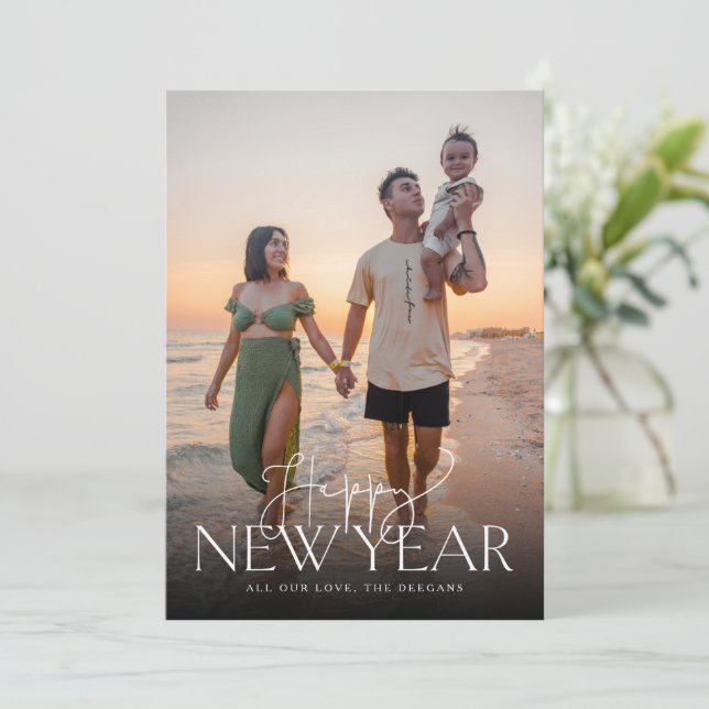 Cartes Pour Fêtes Annuelles Script et Sans Flat New Years Card Vertical (Debout devant)