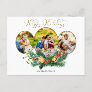 Cartes Pour Fêtes Annuelles Script Floral 3-Photo Gold Joyeux Vacances