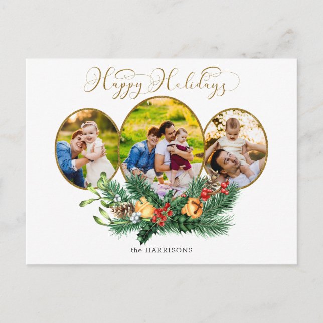 Cartes Pour Fêtes Annuelles Script Floral 3-Photo Gold Joyeux Vacances (Devant)