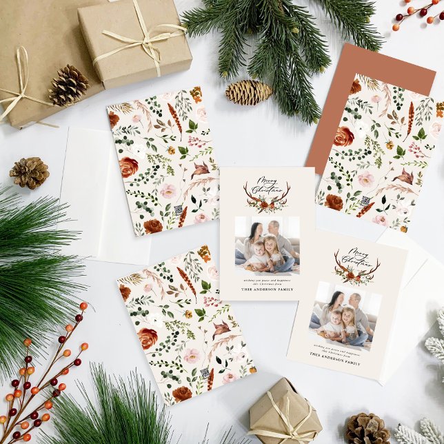 Cartes Pour Fêtes Annuelles script joyeux noël rustique cerf floral (Créateur téléchargé)