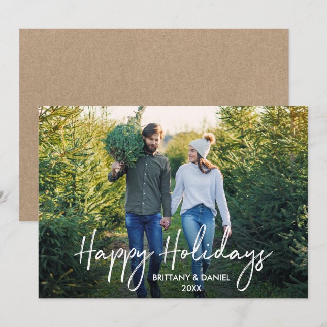 Cartes Pour Fêtes Annuelles Script manuscrit Happy Holidays Photo Kraft (Devant / Derrière)
