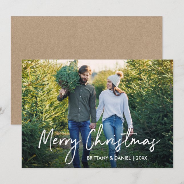 Cartes Pour Fêtes Annuelles Script manuscrit Joyeux Noël Photo Kraft (Devant / Derrière)
