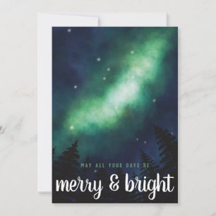 Cartes Pour Fêtes Annuelles Script "Merry & Bright" Northern Lights Vert