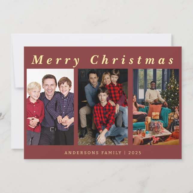 Cartes Pour Fêtes Annuelles Script minimal 3 Photo Joyeux Noël Rouge huile (Devant)