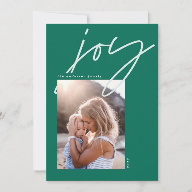 Cartes Pour Fêtes Annuelles script minimal moderne joie 1 photo vert vacances (Devant)