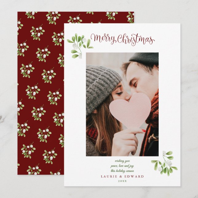 Cartes Pour Fêtes Annuelles Script Mistletoe Joyeux Couples de Noël Photo (Devant / Derrière)