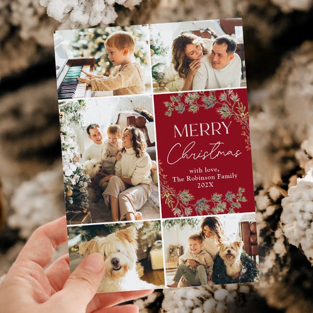 Cartes Pour Fêtes Annuelles Script moderne 5 Photo Christmas Holiday Card (Créateur téléchargé)