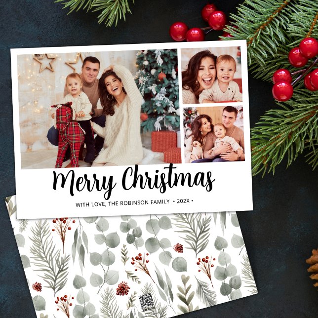Cartes Pour Fêtes Annuelles Script moderne Botanique 3 Photo Collage Noël (Créateur téléchargé)