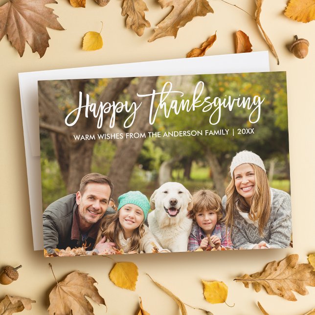Cartes Pour Fêtes Annuelles Script moderne de brosse Thanksgiving Photo de fam (Customize to add text or more photos to back of card.)