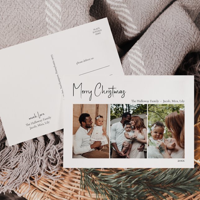 Cartes Pour Fêtes Annuelles Script moderne de Noël à trois photos (Créateur téléchargé)
