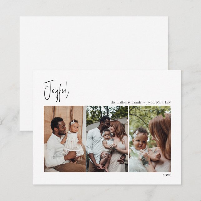 Cartes Pour Fêtes Annuelles Script moderne de Noël Joyeux trois photos (Devant / Derrière)