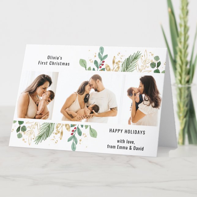 Cartes Pour Fêtes Annuelles Script moderne Gold Green Baby Premier Noël (Créateur téléchargé)