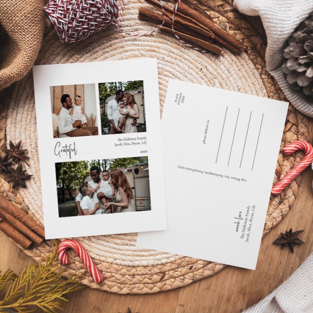Cartes Pour Fêtes Annuelles Script moderne Grateful Centré trois photos (Créateur téléchargé)