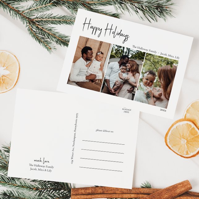 Cartes Pour Fêtes Annuelles Script moderne Joyeux vacances Trois photos (Créateur téléchargé)