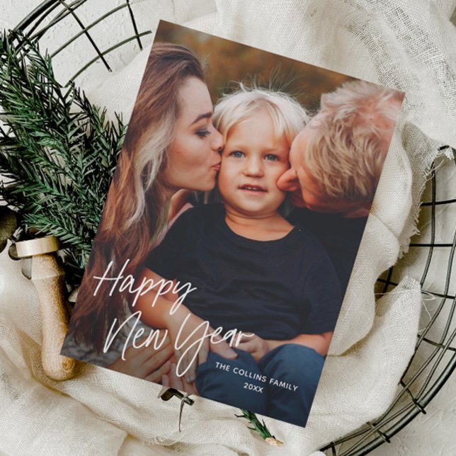 Cartes Pour Fêtes Annuelles Script moderne Lettrage 2 photo Nouvel An (Simple Script 2 Photo New Years Holiday Cards.)