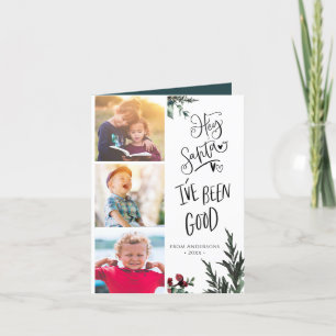 Cartes Pour Fêtes Annuelles Script moderne vert amusant Hey Père Noël Pine Bou
